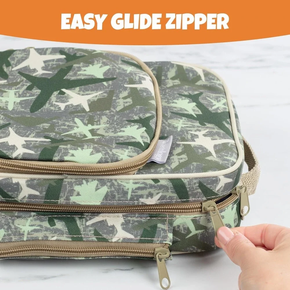 Kids Insulated Lunch Box w Snack Pocket & Water Bottle Holder - Jets
